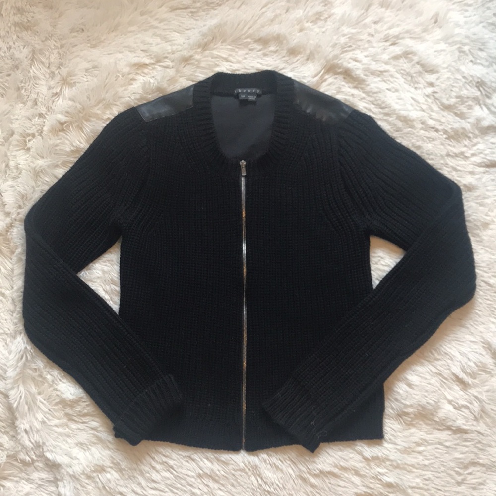 Theory black wool and leather sweater